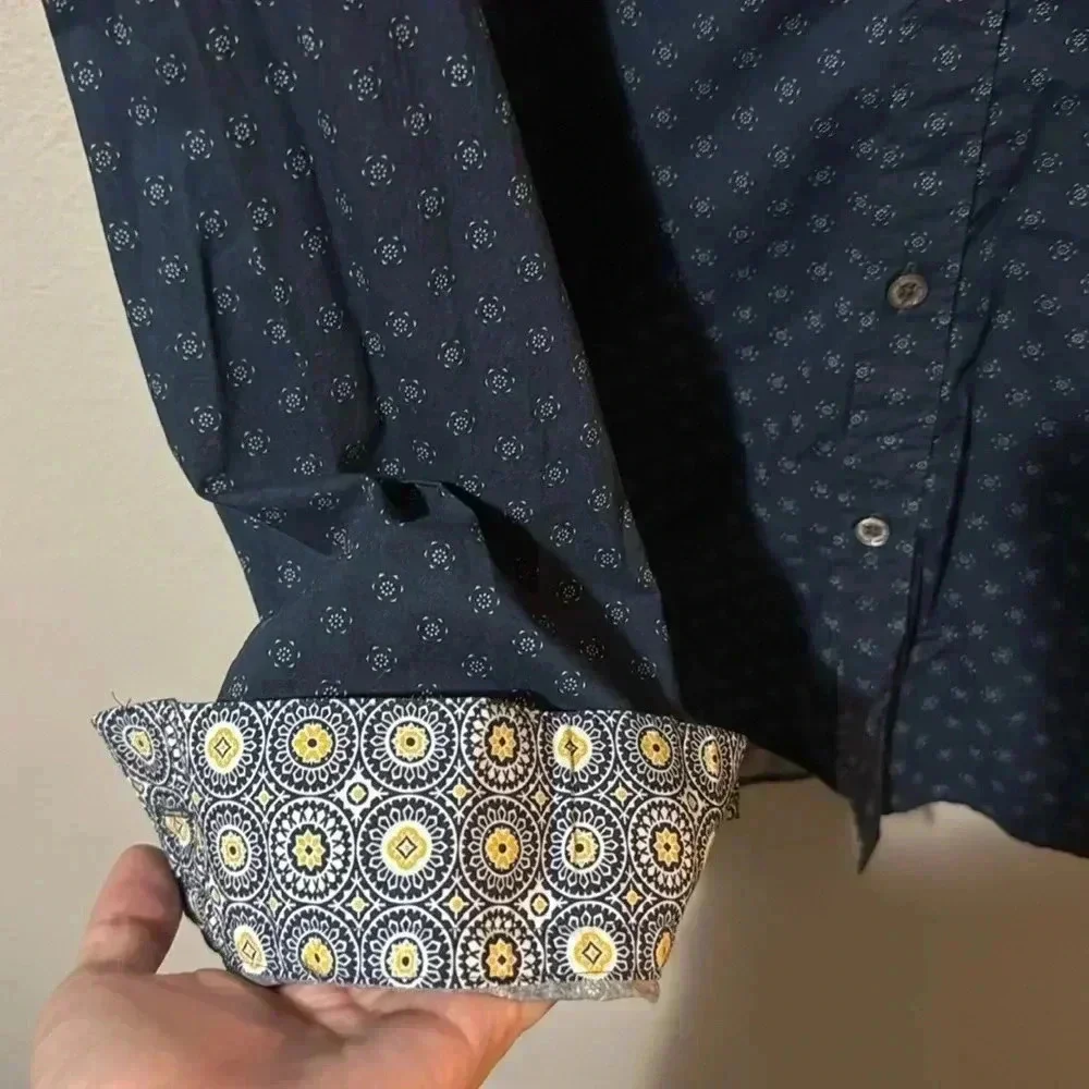 Ted Baker London | 100% Cotton button down, size 5. Navy blue with print. EUC